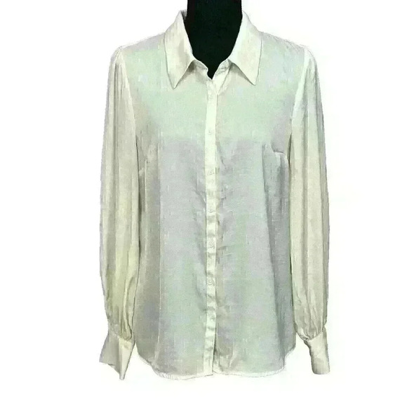 Modcloth Womens Medium Ivory Button Up Blouse Polyester Long Sleeve Ruched Back - Picture 1 of 13